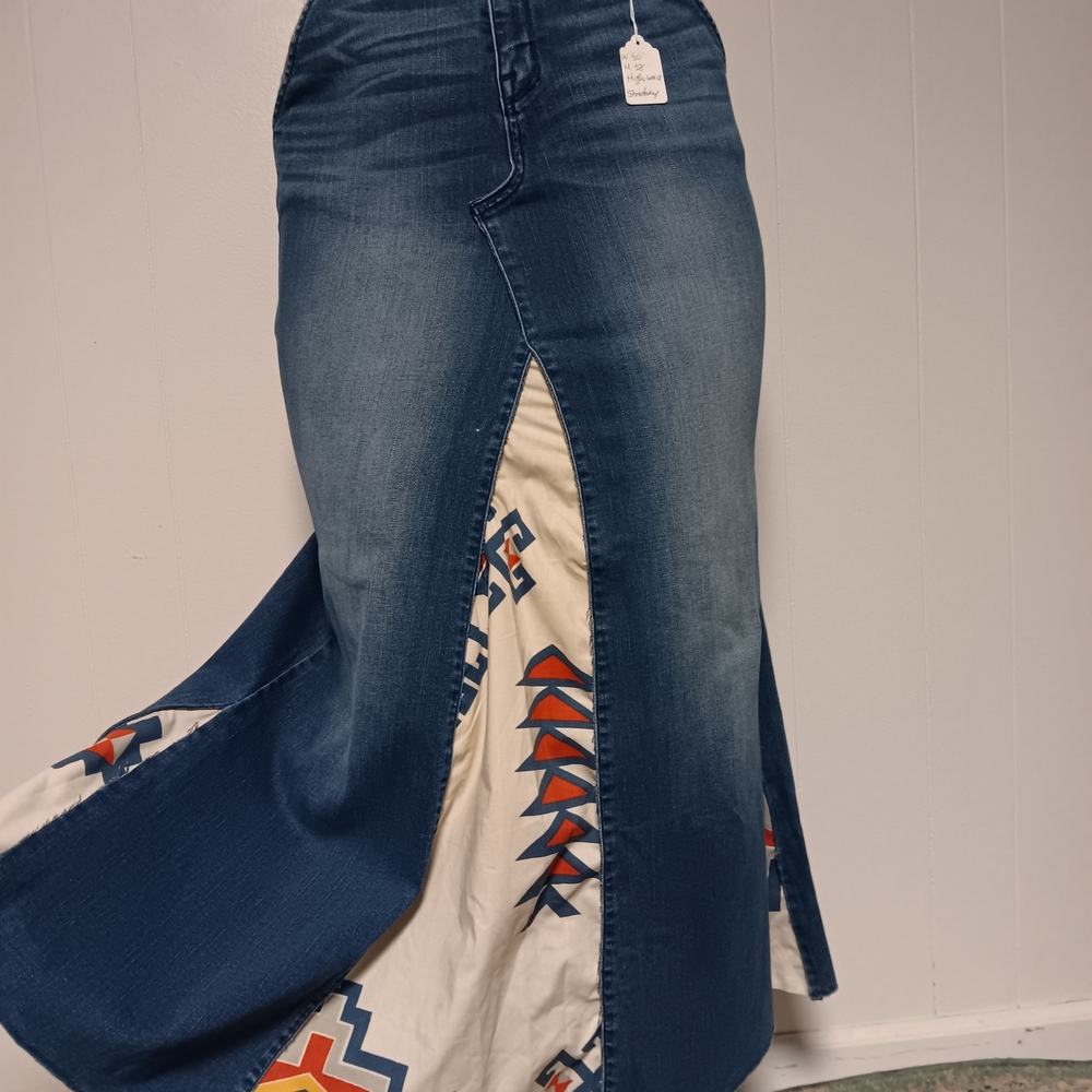 Denim Maxi Skirt with Geometric Print